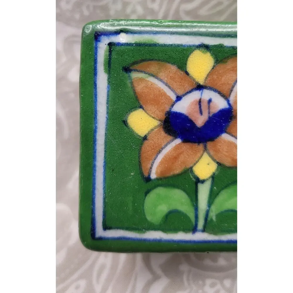 Vintage Ceramic Talavera Green Floral Hand Painted Jewlery Trinket Box, Wedding